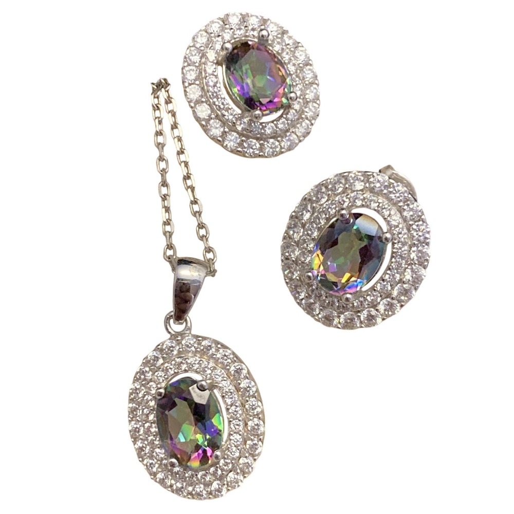 VJ Signed 925 Sterling Silver Quartz & CZ 18'' Necklace &‎ Earrings Set 7.5g